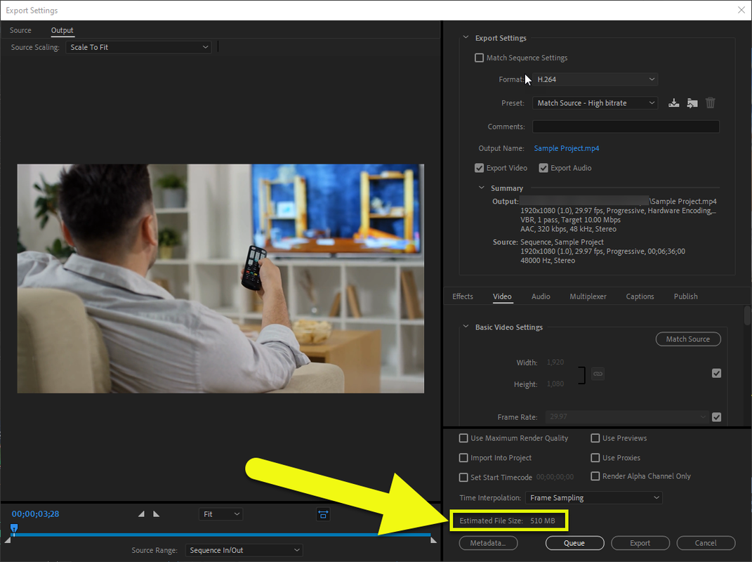 Adobe Premiere Pro Export Settings with Estimated File Size highlighted