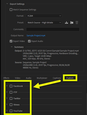 Export Settings Publish tab and publish options highlighted