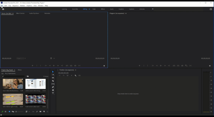 Animation of steps to create a new sequence in Adobe Premiere Pro
