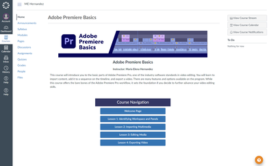 Screenshot of Canvas LMS course about Adobe Premiere Pro Basics